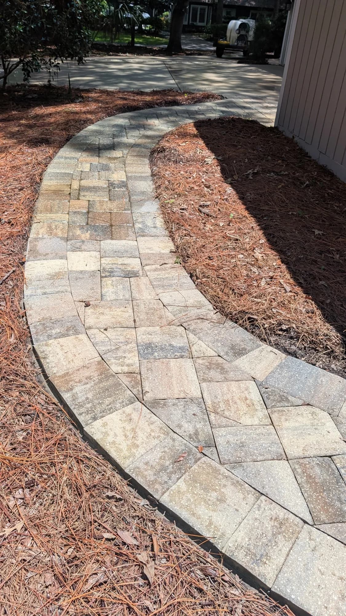 The same paver walkway light tan and clean after pressure washing